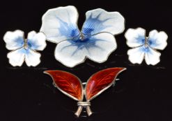 David Andersen silver pansy brooch and matching earrings set with enamel, together with another