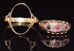 A 9ct gold ring (1.9g, size M) and an 18ct gold ring mount, 1.1g, size R