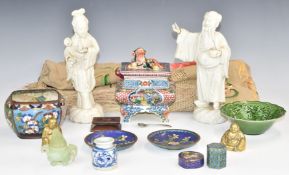 19thC Chinese blanc de Chine figures, relief moulded dish decorated with dragons, cloisonné ware,