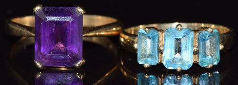 Two 9ct gold rings, one set with blue topaz and the other amethyst, 5.8g, size Q & P