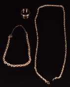 A 9ct gold chain, 9ct gold bracelet and 9ct gold ring, 46cm and 26cm long, 12g