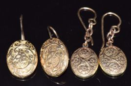 A pair of 9ct gold earrings converted from cufflinks (2.2g) and a pair of 18ct gold earrings