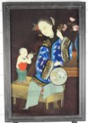 Chinese reverse painted on glass picture of a boy offering his mother a peach, 48 x 31cm