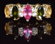 A 9ct gold ring set with marquise cut tourmaline and white topaz, 2.3g, size N