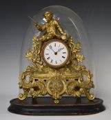 French ormolu style figural clock with white enamel dial and Roman numerals, under glass dome,