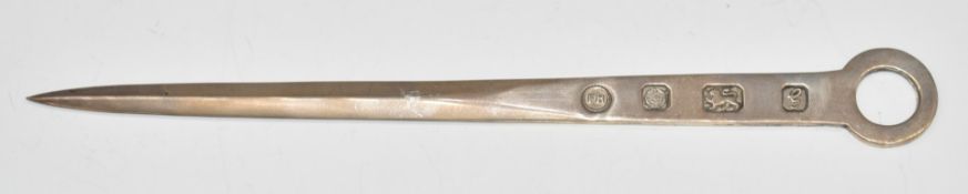 Modern feature hallmarked silver letter opener formed as a meat skewer, Sheffield 1981, maker