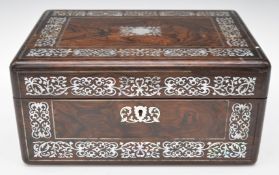 19thC mother of pearl inlaid rosewood travelling / vanity box with fitted interior, campaign brass