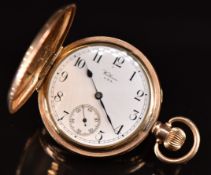 Waltham gold plated keyless winding full hunter pocket watch with inset subsidiary seconds dial,