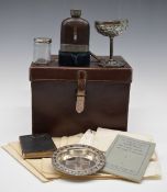 Sri Lankan silver leather cased communion set comprising goblet, small platter and glass pot with