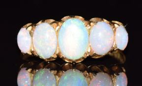 Victorian 18ct gold ring set with five oval opal cabochons, 3.3g, size T