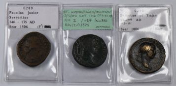 Rome AD103-111 Sestertius of Trajon, together with a Hadrian AD134-8, and Faustina junior example