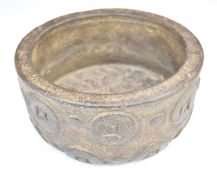 19thC Chinese stone bowl with relief moulded decoration, H9 x diameter 17.5cm
