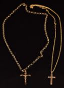Two 9ct gold crosses and two 9ct gold chains, 11.5g, 50cm and 51cm long