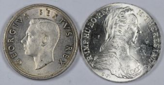 Maria Theresa silver coin together with a 1952 commemorative South Africa five shillings