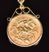 Edward VII 1910 gold half sovereign in 9ct gold pendant mount, with 9ct gold chain, 10.5g