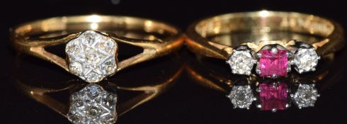 Two 18ct gold rings, one set with a ruby and diamonds the other Art Deco and set with diamonds, 3.