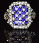A late Georgian/ early Victorian gold and silver ring set with blue guilloché enamel and paste, 4.