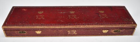 Victorian leather seal box with multiple crowned VR ciphers in gilt and brass clasps, W56 x D15 x