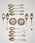 Twelve German silver teaspoons, some marked 800, others 12 and others 13, together with two