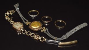 Two 9ct gold watches, two 9ct gold rings (2g) and an 18ct gold ring, 1.7g
