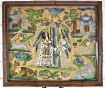 17thC beadwork and embroidery of the marriage of  Charles II and Catherin Braganza, the couple