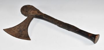 Nzappa Zap Congo Songe cerremonial axe with pierced and engraved curved blade and leather bound