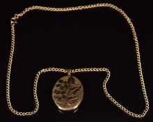 A 9ct gold locket with engraved floral decoration, on 9ct gold chain, 23.9g, 60cm long