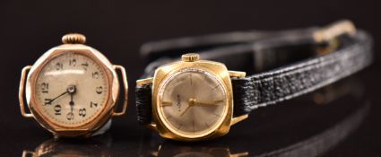 Two ladies wristwatches comprising Luxor 18ct gold on black leather strap and an unnamed 9ct gold