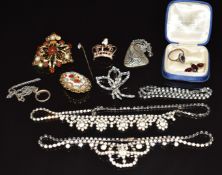 A micro mosaic brooch, brooches, silver necklace, diamanté, Harrods box, etc