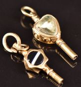 Two Victorian pocket watch keys, one heart shaped set with bloodstone and foiled quartz the other