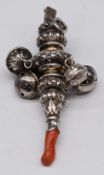 Victorian hallmarked silver baby's rattle with coral handle, Birmingham 1855, maker's mark