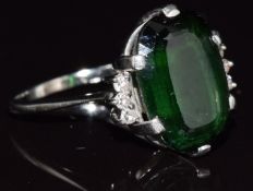 Art Deco 18ct white gold ring set with a tourmaline of approximately 10ct and diamonds, 6.5g, size