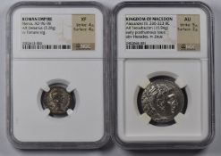 Alexander III AR Tetradrachm, together with a Nerva AR Denarius, both sealed and slabbed by NGC