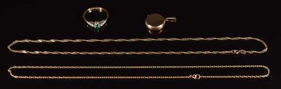 A 9ct gold locket, two 9ct gold chains 42cm and 43cm long (4.5g) and 9ct gold and silver ring.