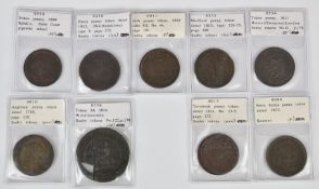 A collection of eight late 18th/early 19thC copper penny tokens comprising 1788 Anglesey penny, 1811