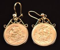 A pair of 9ct gold earrings set with 1915 and 1913 gold half sovereigns, 9.7g