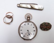 A 9ct gold ring (1.5g), 9ct gold and brass signet ring, silver pocket watch, micro mosaic brooch and