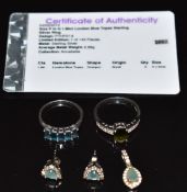 A silver pendant set with grandidierite and zircon with matching earrings, silver ring set with
