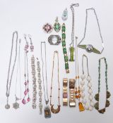 A collection of Art Deco jewellery including silver brooch, shell necklace, paste, bracelets, etc