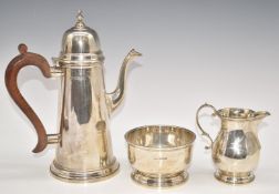 Elizabeth II hallmarked silver three piece coffee set in the Georgian style, comprising coffee