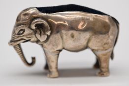 Early 20thC hallmarked silver novelty pin cushion formed as an elephant, marks rubbed, length 4.5cm