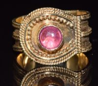 Greek 14k gold adjustable ring set with a foiled sapphire cabochon with rope and sphere