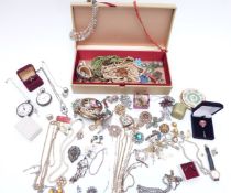 A collection of costume jewellery including vintage brooches, silver pocket watch, silver chain