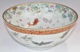 19thC Chinese pedestal bowl, with interior decoration of fish and exterior decoration of birds,