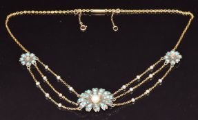 Edwardian 9ct gold and silver necklace set with pearls and turquoise, 37cm long