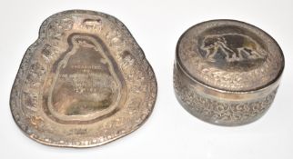 Sri Lankan silver pin dish with border decorated with elephants, together with a similar trinket