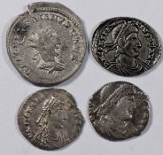 Roman Imperial coinage, four silver coins including Siliqua of Honorius 394-402AD, Valentinian,
