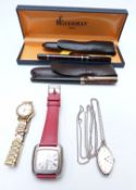 Three Seiko ladies watches, a Waterman fountain pen in original box and a Daniel Hechter pen