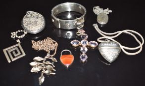 Victorian silver buckle bangle, locket, Victorian silver heart padlock set with agate, paste