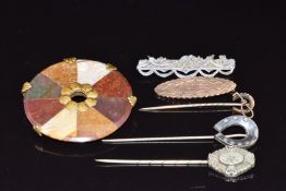 Victorian specimen agate brooch, 9ct gold brooch (1.5g), silver brooch, 15ct gold stick pin in the